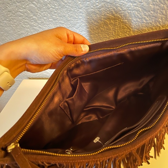 bebe Dark Brown Fringe Clutch with Heart Tags - Picture 4 of 9